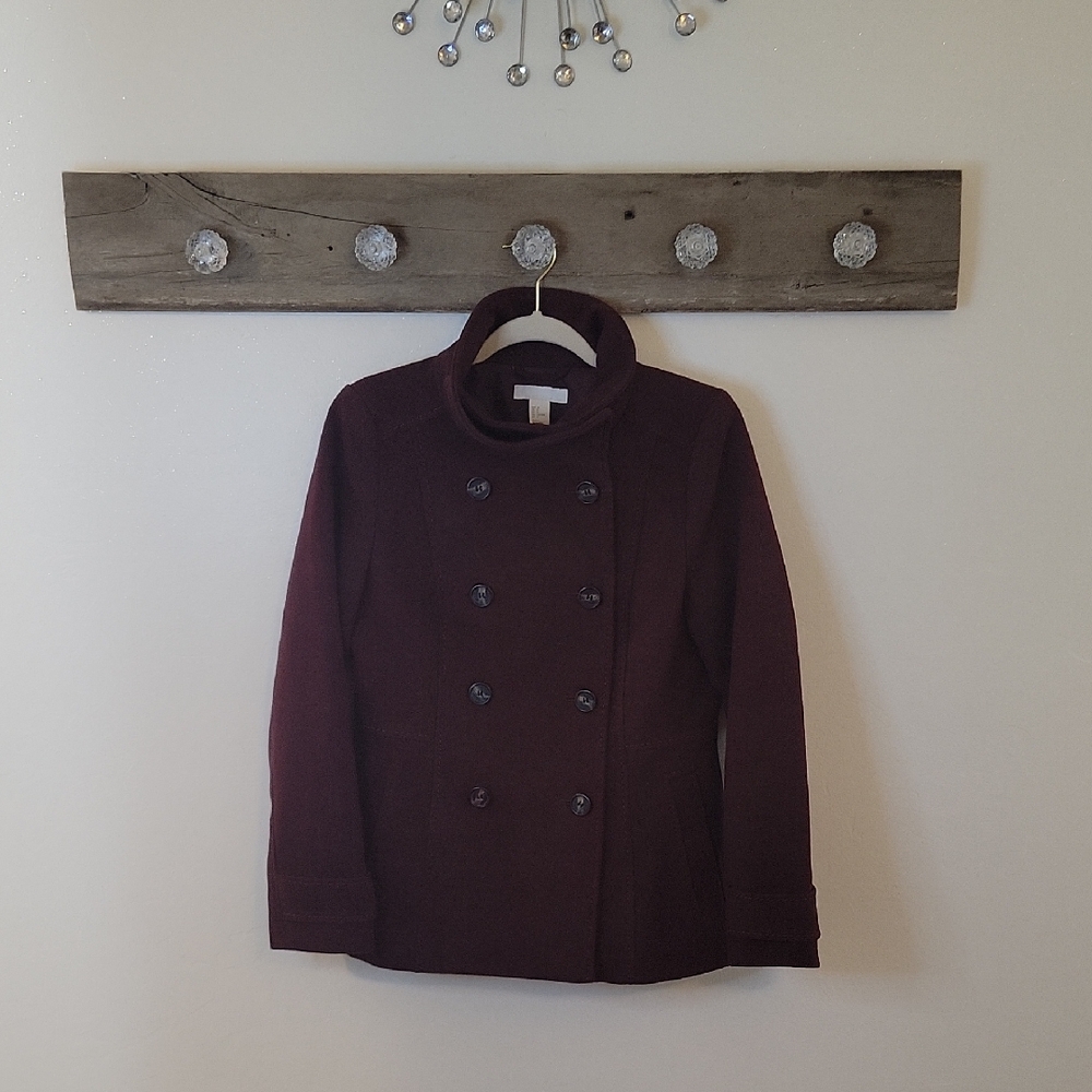 NWOT H&M Women's Double-Breasted Dark Wine Pea Coat SZ 8